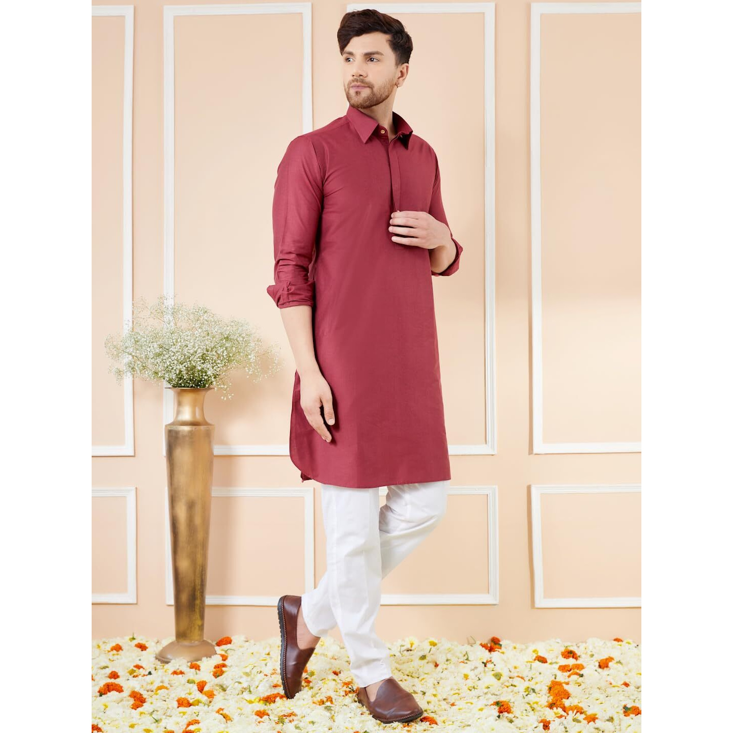See Designs Men Maroon Cotton Solid Curved Hemline Full Sleeve Side Slit Pathani Kurta - Bnrskt620M