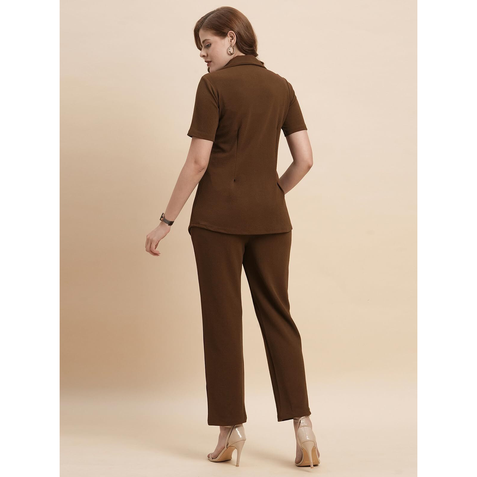 Selvia Co-Ords Set For Women|Lycra Shirt And Trouser Set|Casual Co-Ords Set For Women|Two Piece Co-Ord Set|Office Wear Co-Ords Set(717Ctk11725N-M_Brown)