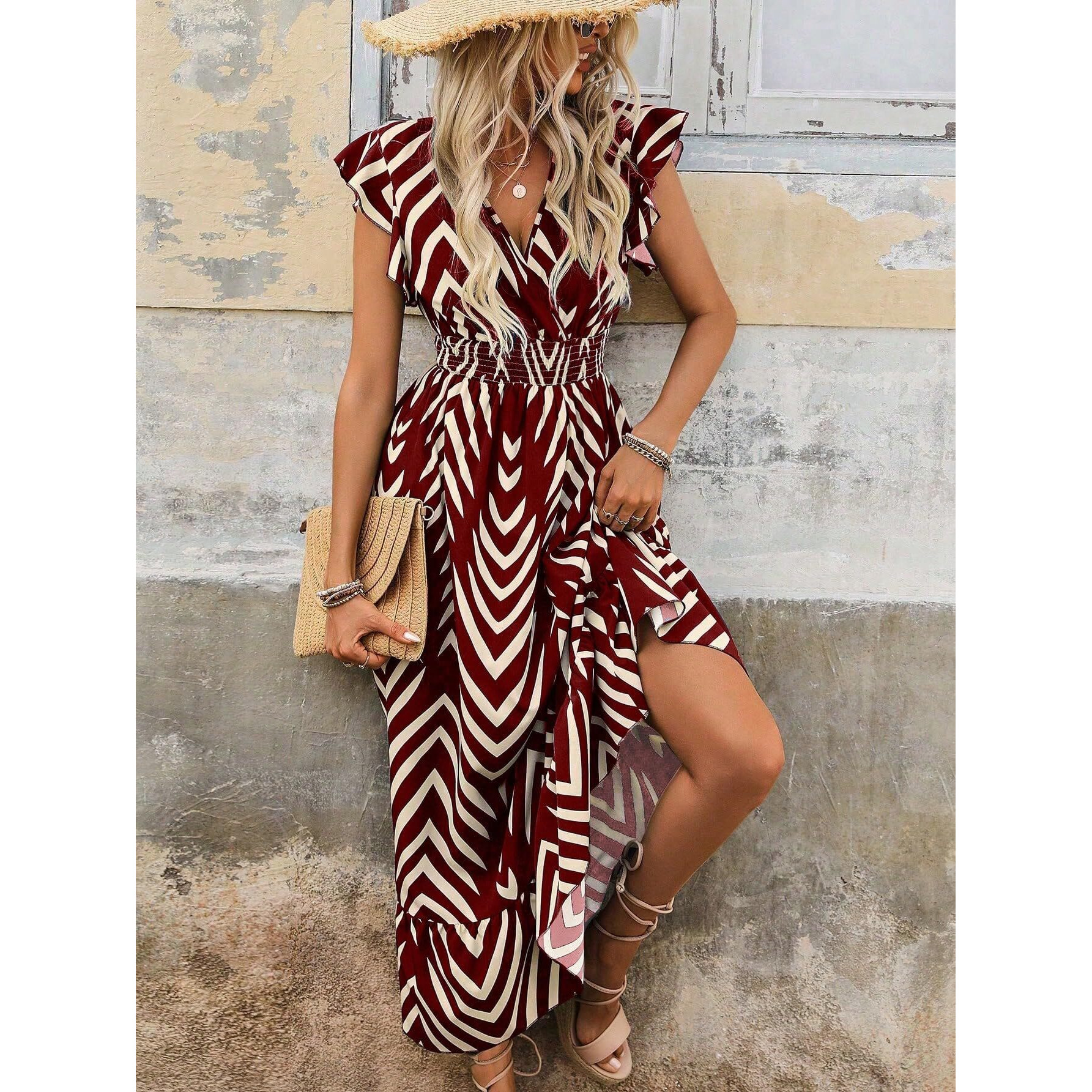 Shasmi Women's & Girl's Maroon V-Neck Striped Printed Dress With Ruffled Hem And Belted Waist For Vacation, One Piece Dress For Women's Casual Dress (Dress 140 Maroon-S)