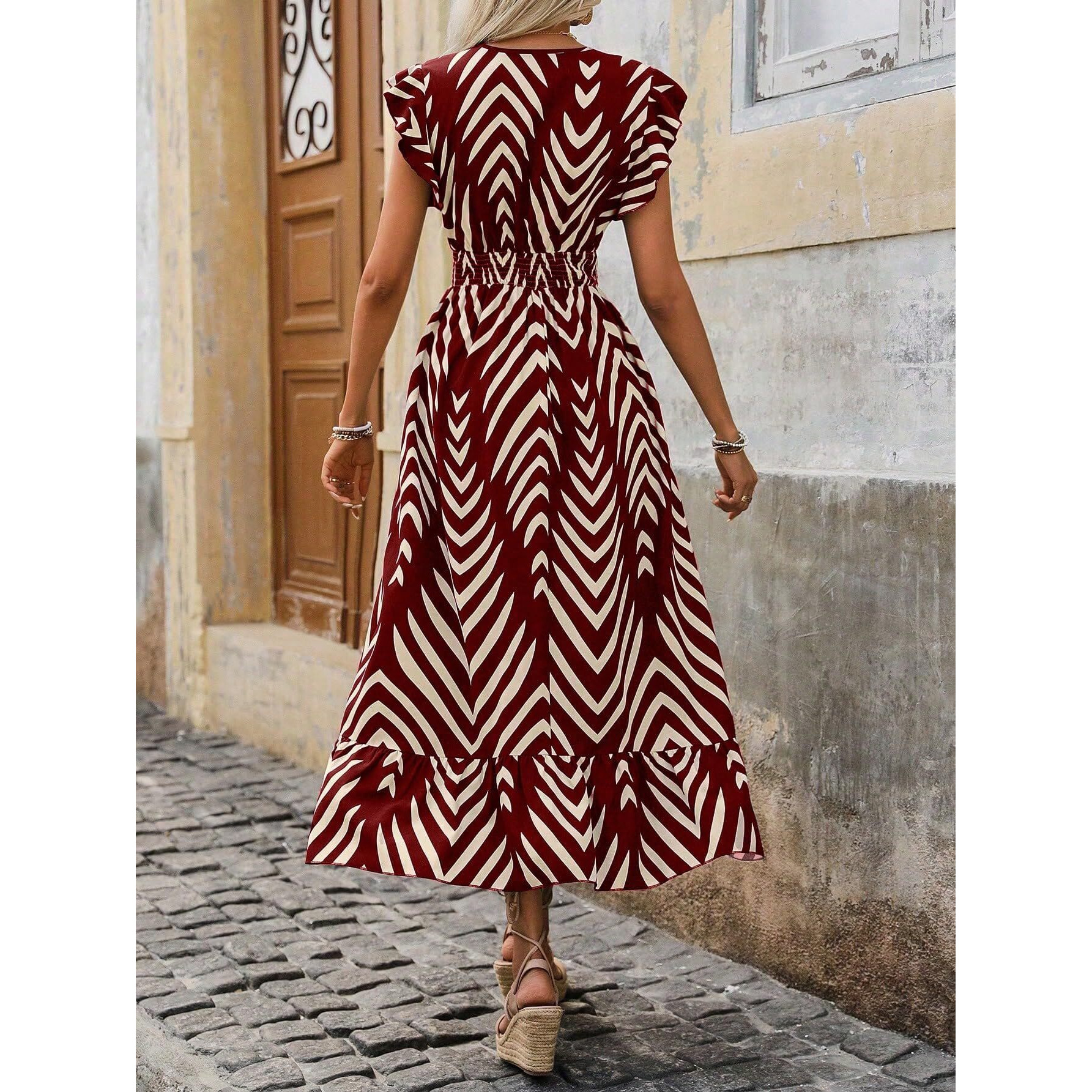 Shasmi Women's & Girl's Maroon V-Neck Striped Printed Dress With Ruffled Hem And Belted Waist For Vacation, One Piece Dress For Women's Casual Dress (Dress 140 Maroon-S)