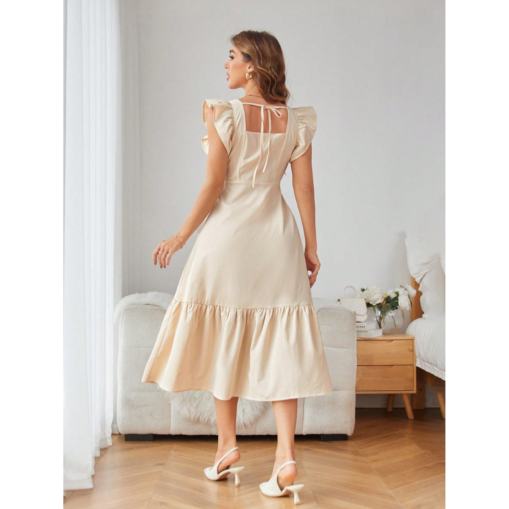 Shasmi Girl's & Women's Solid Beige Color Square Neck, Ruffle-Trimmed Hem Sleeveless, Ruffle Armhole And Casual Dress With Cinched Waist Vacation Outfits Woman (Dress 162 Beige-L)