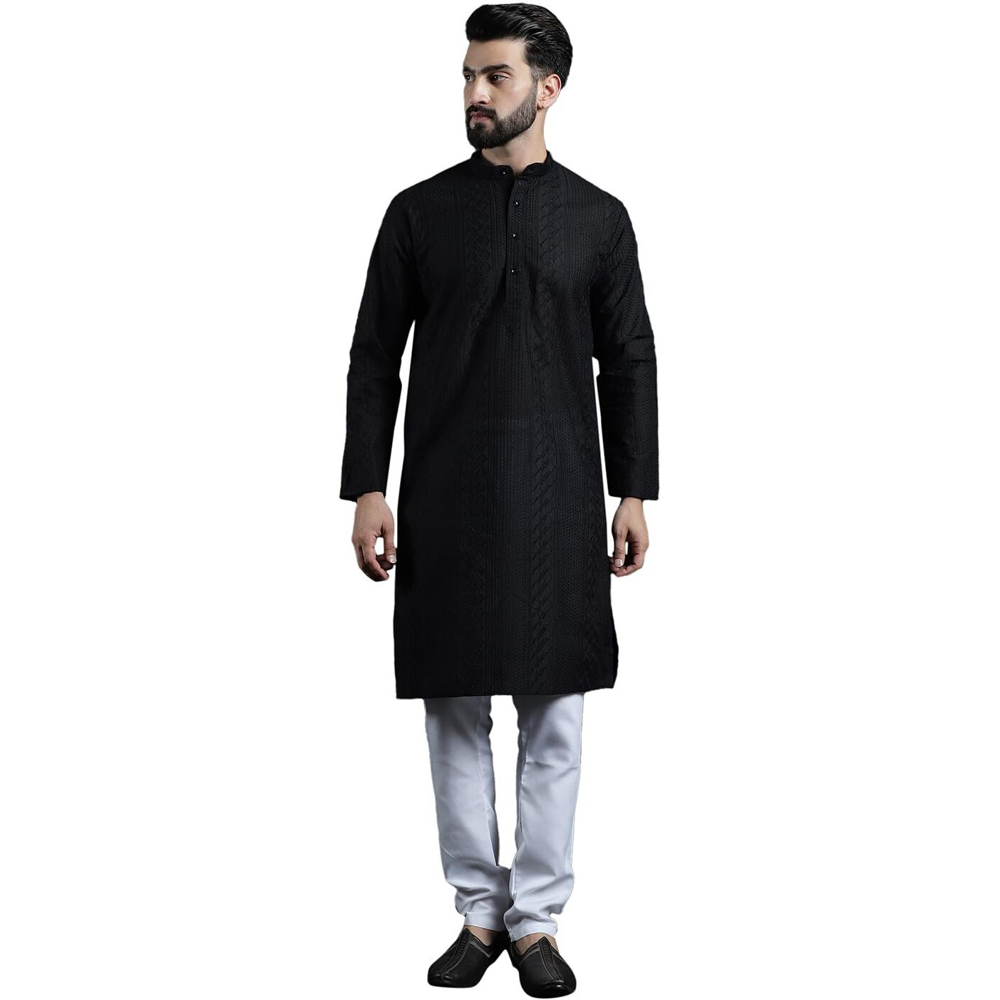 Sojanya (Since 1958 Men's Cotton Thread Embroidered Black Kurta With White Churidaar Pyjama