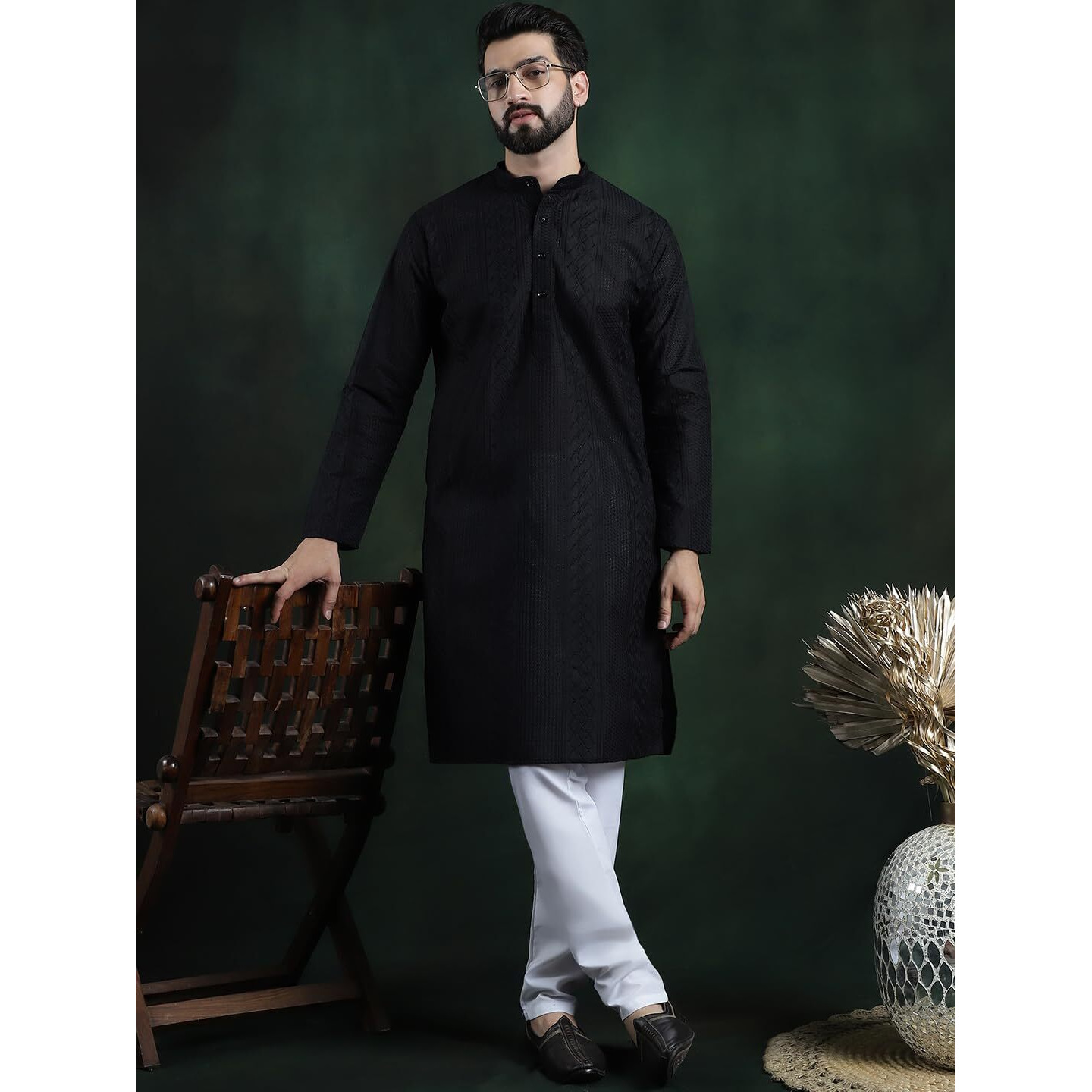 Sojanya (Since 1958 Men's Cotton Thread Embroidered Black Kurta With White Churidaar Pyjama