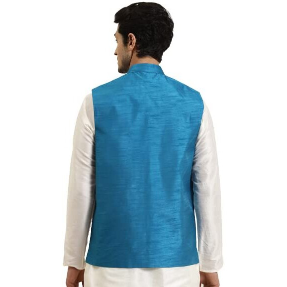 Sojana (Since 1958) Men's Silk Blend Peacock Blue Mirror Work Only Nehru Jacket