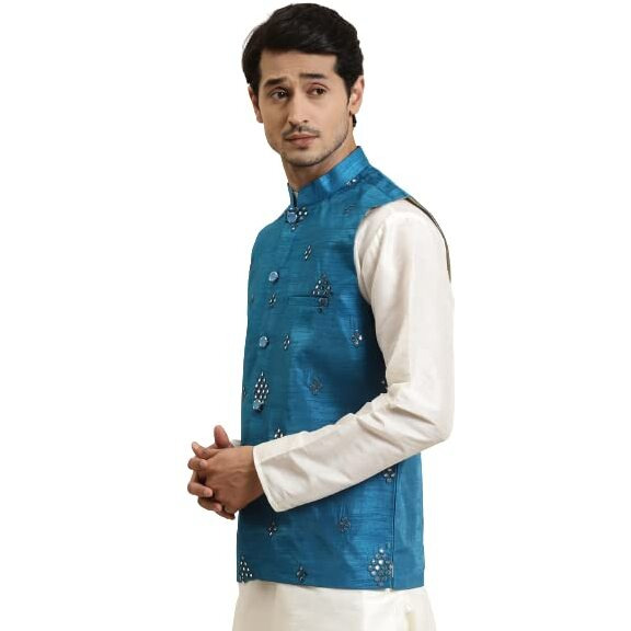 Sojana (Since 1958) Men's Silk Blend Peacock Blue Mirror Work Only Nehru Jacket