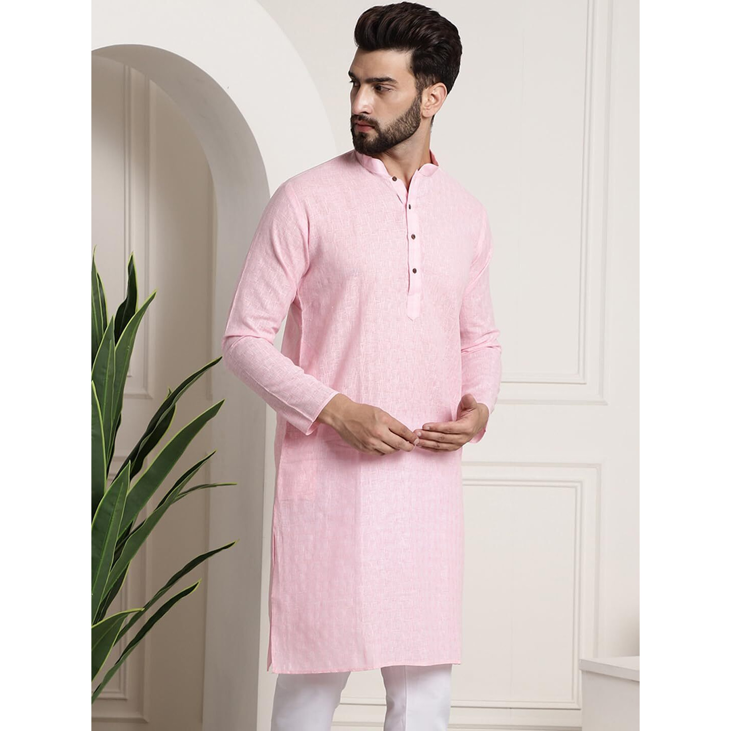 Sojanya (Since 1958 Men's Cotton Blend Pink Checked Only Kurta
