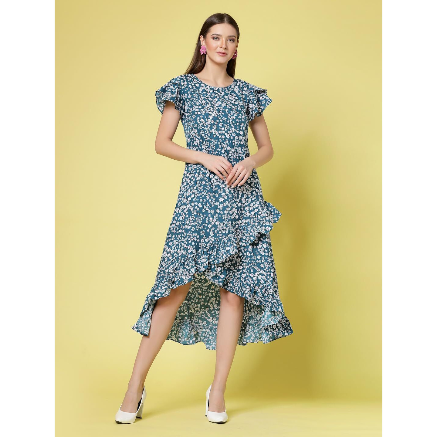 Oomph Women's Crepe Fit And Flare Maxi Dress (Group 62_Teal Blue