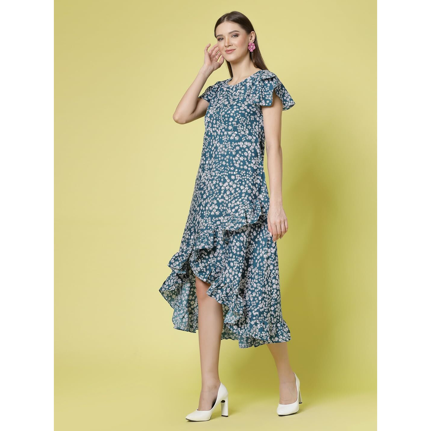 Oomph Women's Crepe Fit And Flare Maxi Dress (Group 62_Teal Blue