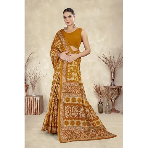 Tamaira Fashion Women's Floral Batik Printed Pure Cotton Mulmul Saree Without Blouse Piece(11588_Mustard)