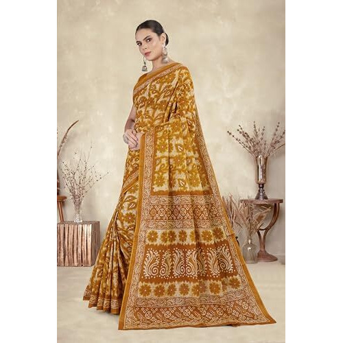 Tamaira Fashion Women's Floral Batik Printed Pure Cotton Mulmul Saree Without Blouse Piece(11588_Mustard)