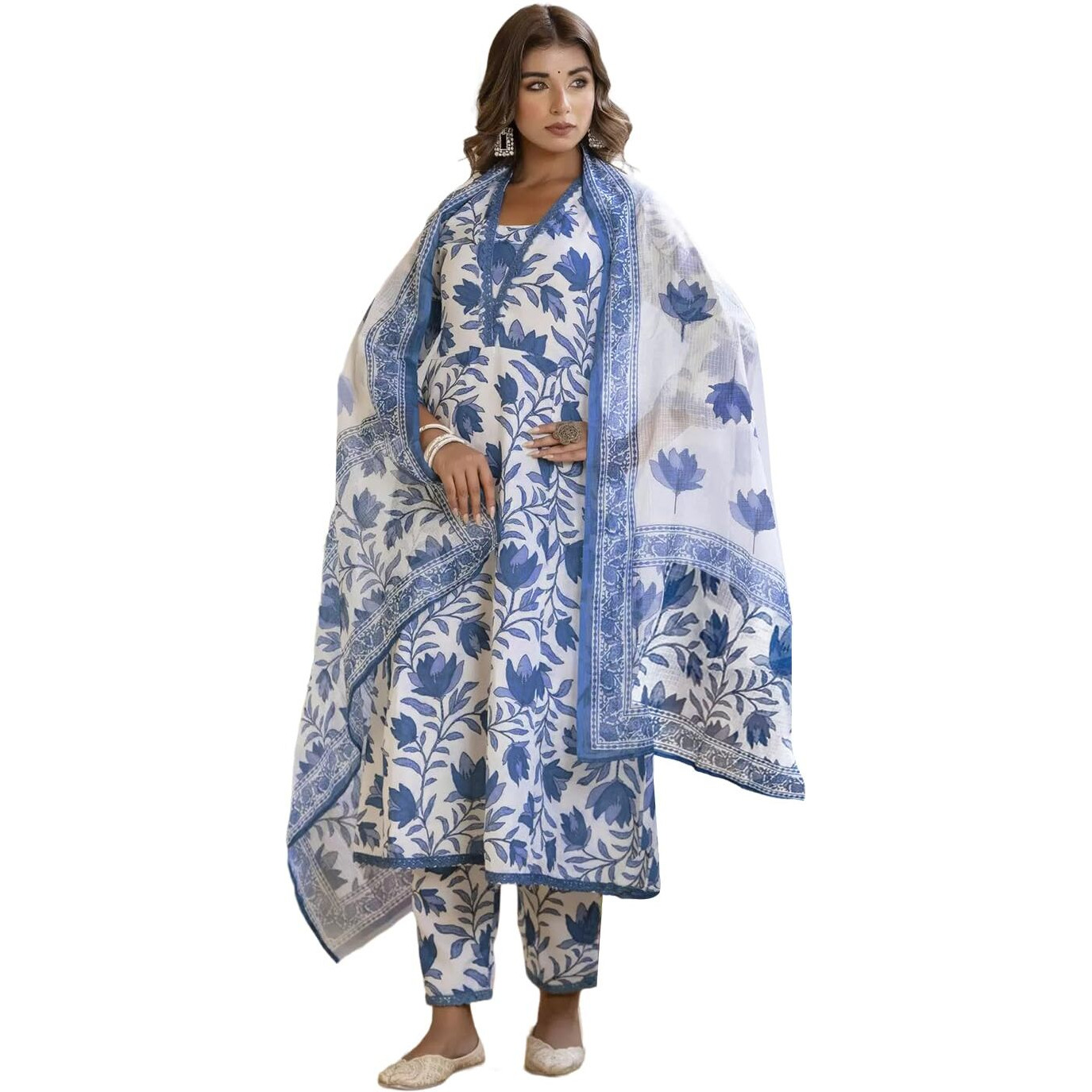 Tee Projekt Women's Cotton Blend Mandarin Anarkali Kurta Pant With Dupatta Set Off White