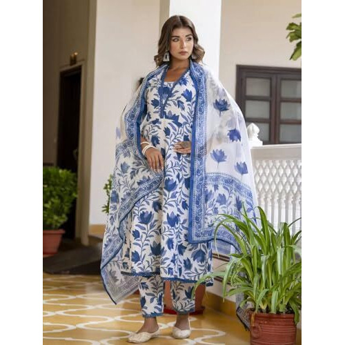 Tee Projekt Women's Cotton Blend Mandarin Anarkali Kurta Pant With Dupatta Set Off White