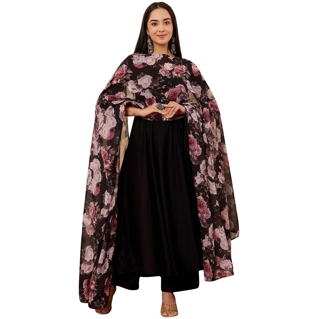 Toochki Women's Black Rayon Fit & Flared Ethnic Kurta Set For Women | Cotton Salwar Suit Set For Womens | Kurti Set With Dupatta | Floral Dupatta | Long Kurtas Set | Black Kurtas