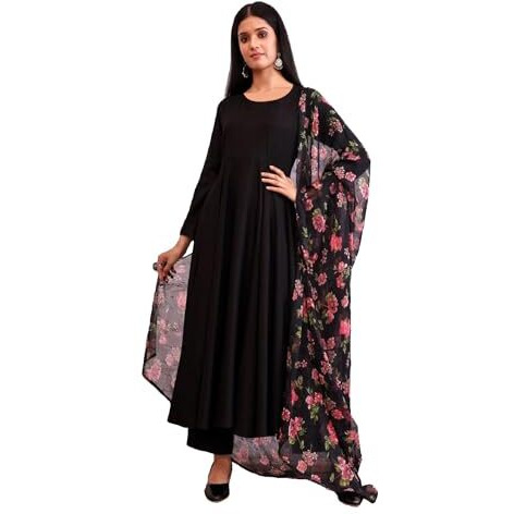 Toochki Women's Rayon Calf Length Ethnic Gown Set (Toochki282-Gwn/M_Black