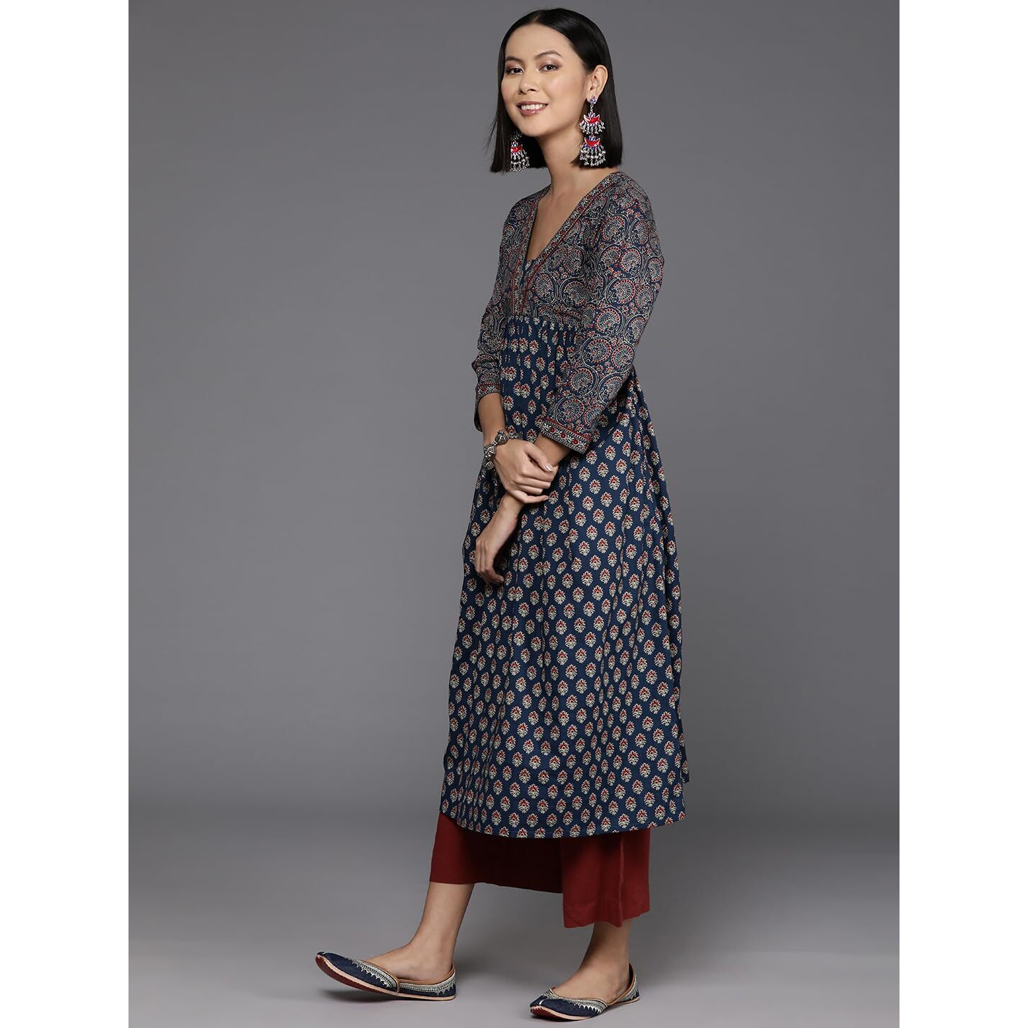 Varanga Womens Blue & Maroon Bandez Printed Anarkali Kurta  Elegant Long Sleeve Traditional Dress, Indian Ethnic Wear For Women, Casual & Festive Attire (Small)