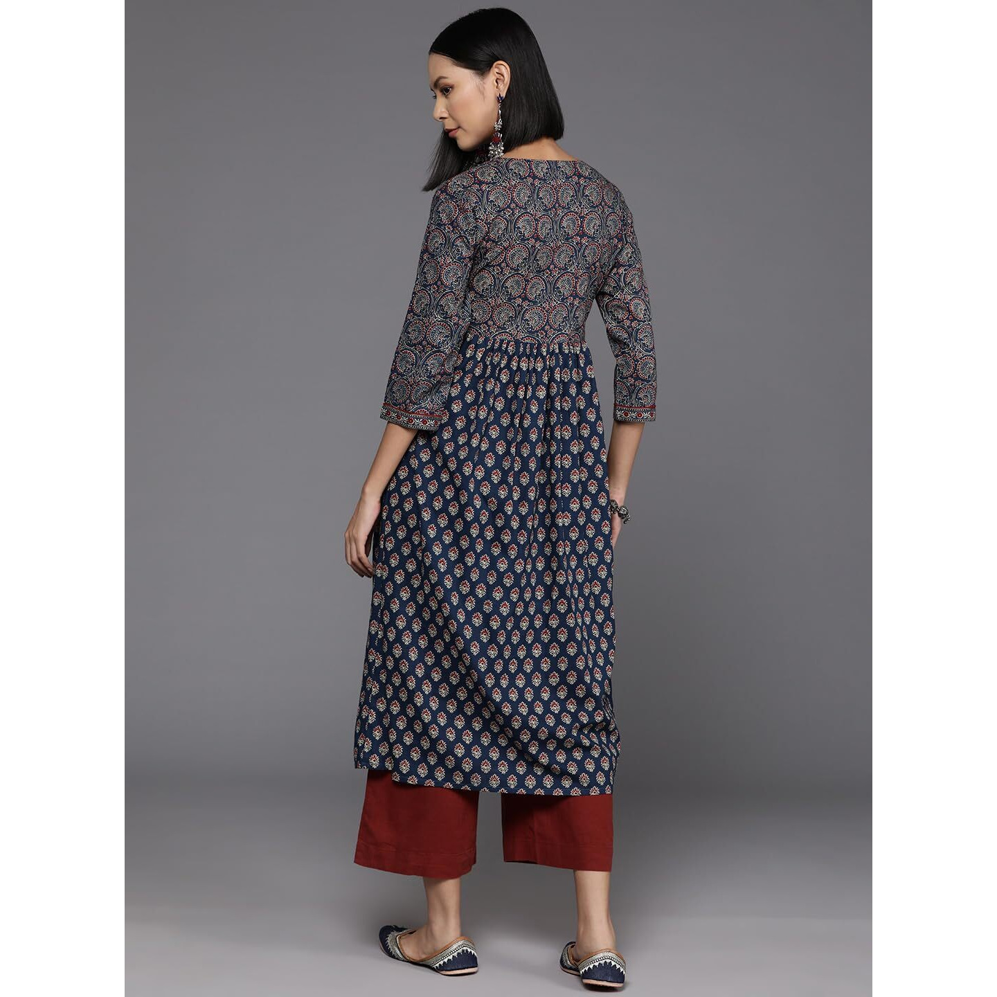 Varanga Womens Blue & Maroon Bandez Printed Anarkali Kurta  Elegant Long Sleeve Traditional Dress, Indian Ethnic Wear For Women, Casual & Festive Attire (Small)