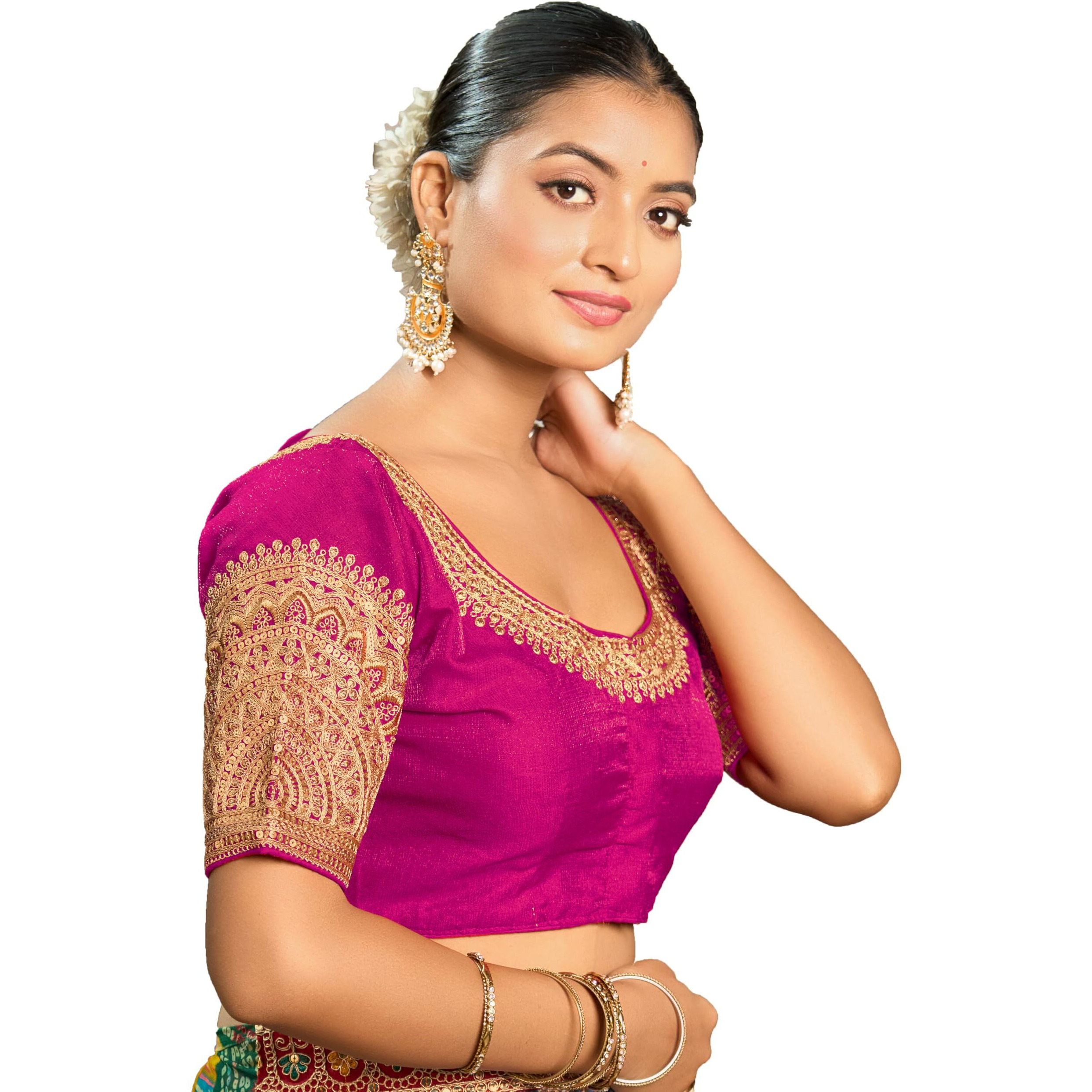 Vihu Fashion Women's Readymade Blouse Embroidery Multi Coding Dull Golden Sequence Work Indian Ethnic Designer Stitched Readymade Saree Half Sleeve Pink Blouse For Women For Saree Lehenga Choli