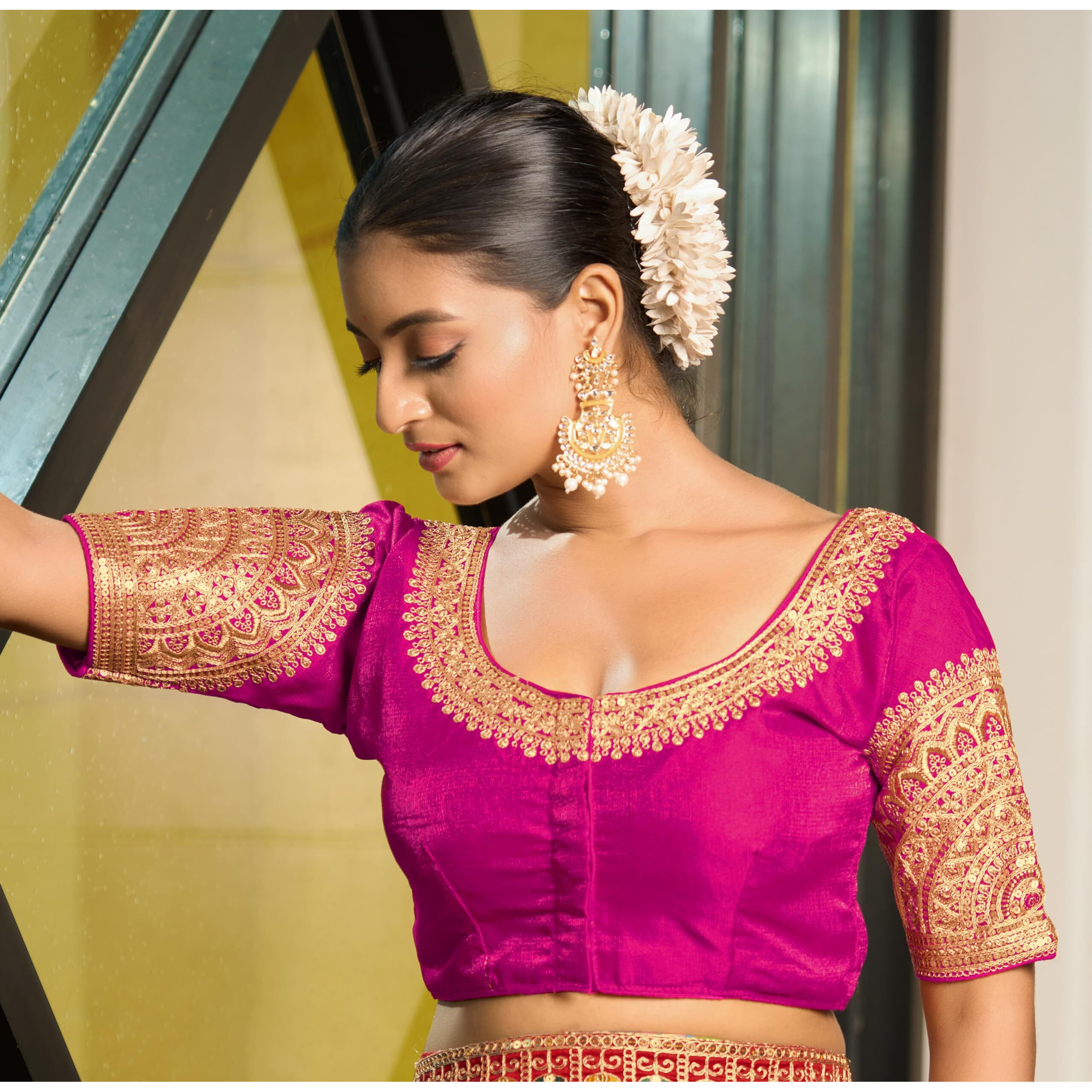 Vihu Fashion Women's Readymade Blouse Embroidery Multi Coding Dull Golden Sequence Work Indian Ethnic Designer Stitched Readymade Saree Half Sleeve Pink Blouse For Women For Saree Lehenga Choli
