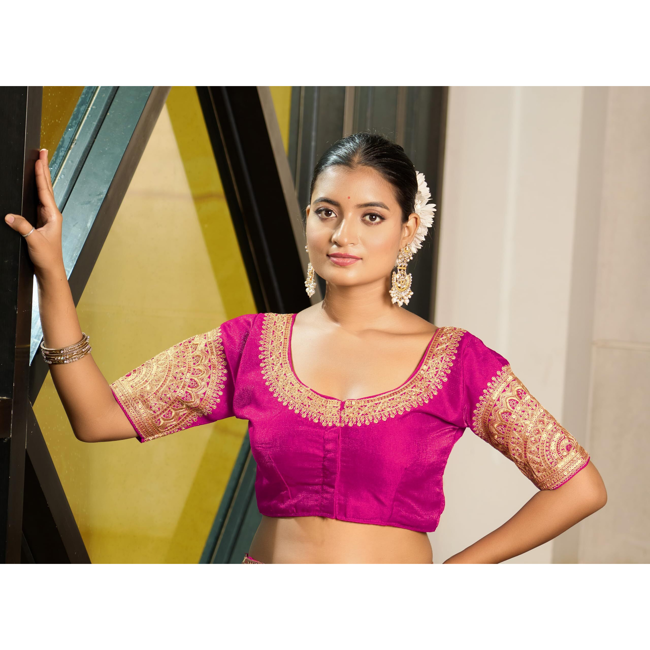 Vihu Fashion Women's Readymade Blouse Embroidery Multi Coding Dull Golden Sequence Work Indian Ethnic Designer Stitched Readymade Saree Half Sleeve Pink Blouse For Women For Saree Lehenga Choli
