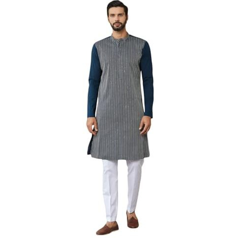 See Designs Men's Long Sleeve Mandarin Collar Side Slit Dark Blue Thread & Sequin Worked Pure Cotton Straight Kurta - Sdkt2535L