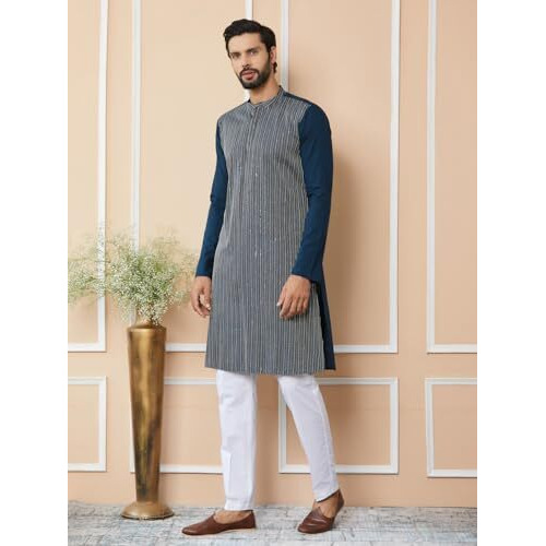 See Designs Men's Long Sleeve Mandarin Collar Side Slit Dark Blue Thread & Sequin Worked Pure Cotton Straight Kurta - Sdkt2535L