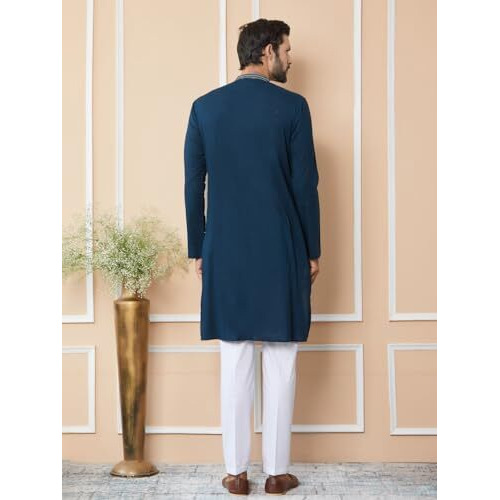 See Designs Men's Long Sleeve Mandarin Collar Side Slit Dark Blue Thread & Sequin Worked Pure Cotton Straight Kurta - Sdkt2535L