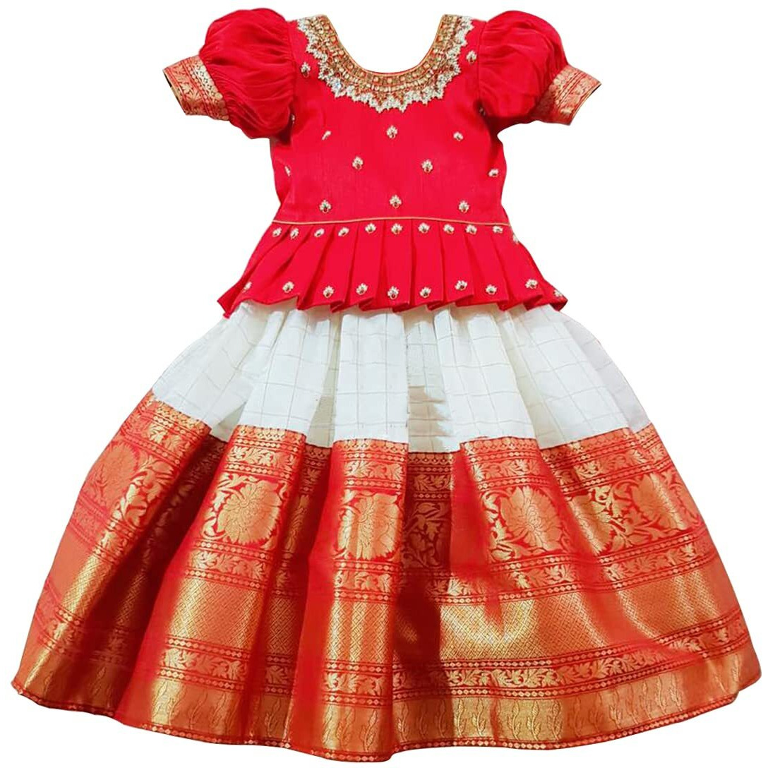 White Button Girl's Polyester Blend Lehenga Choli (Baby Jecq Red Check Choli-5-6 Years, White_5 6 - Readymade)