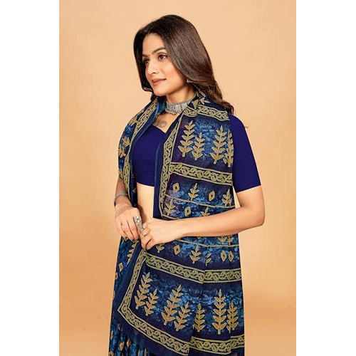 Tamaira Fashion Women's Jaipuri Hand Block Printed Pure Cotton Mulmul Saree Without Blouse Piece(11615_Indigo Blue)