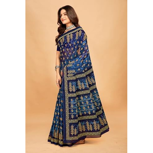 Tamaira Fashion Women's Jaipuri Hand Block Printed Pure Cotton Mulmul Saree Without Blouse Piece(11615_Indigo Blue)