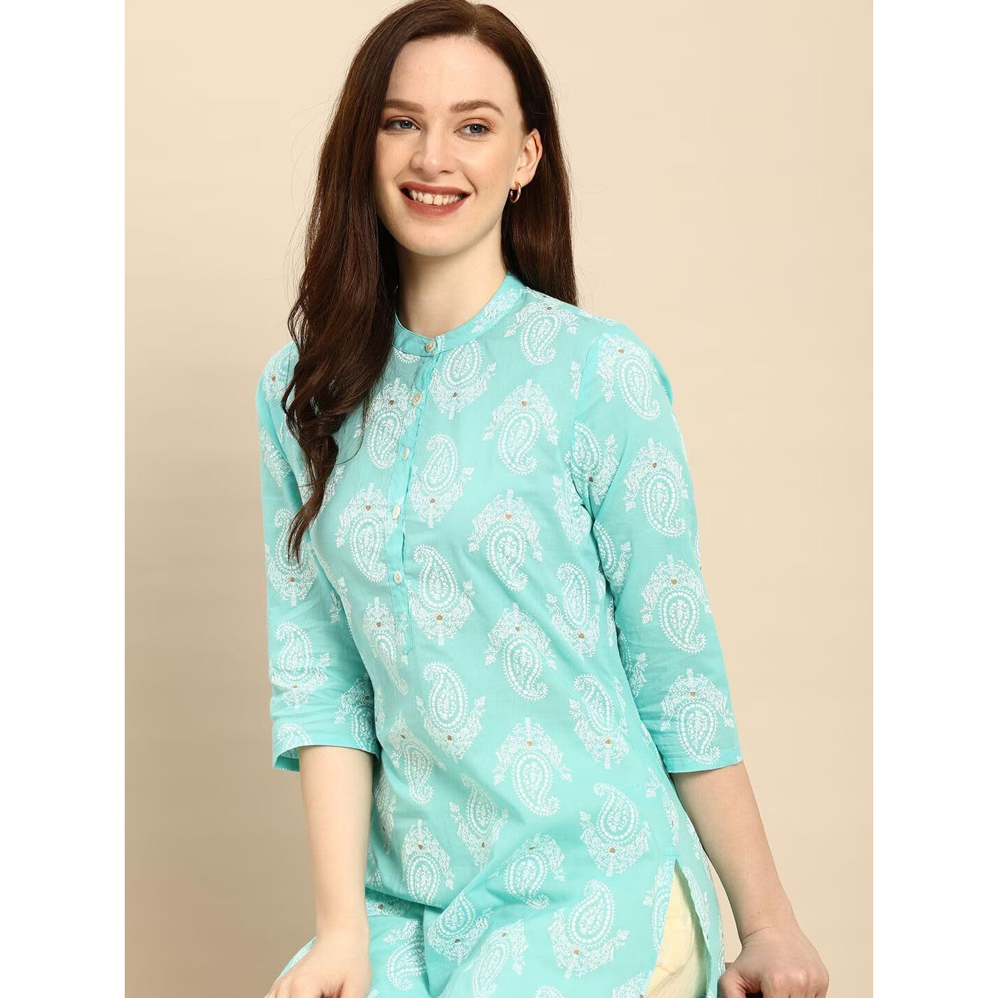 Rytras Women's Cotton Printed Straight Kurta(Turquoise,S)