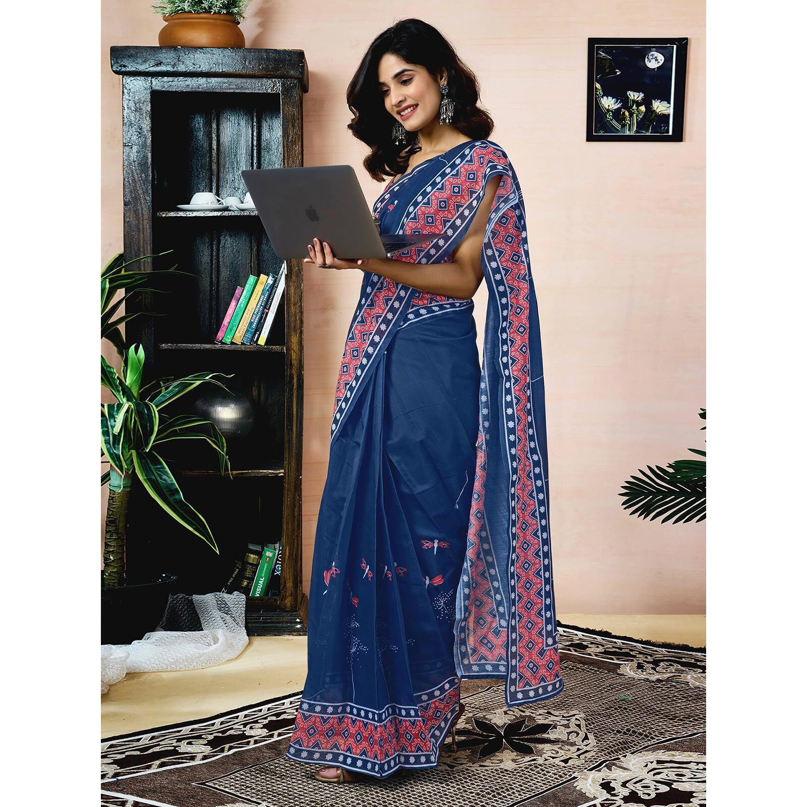 Satrani Women's Chanderi Cotton Printed Ready To Wear Saree With Unstitched Blouse Piece (42Rs383_Navy Blue)