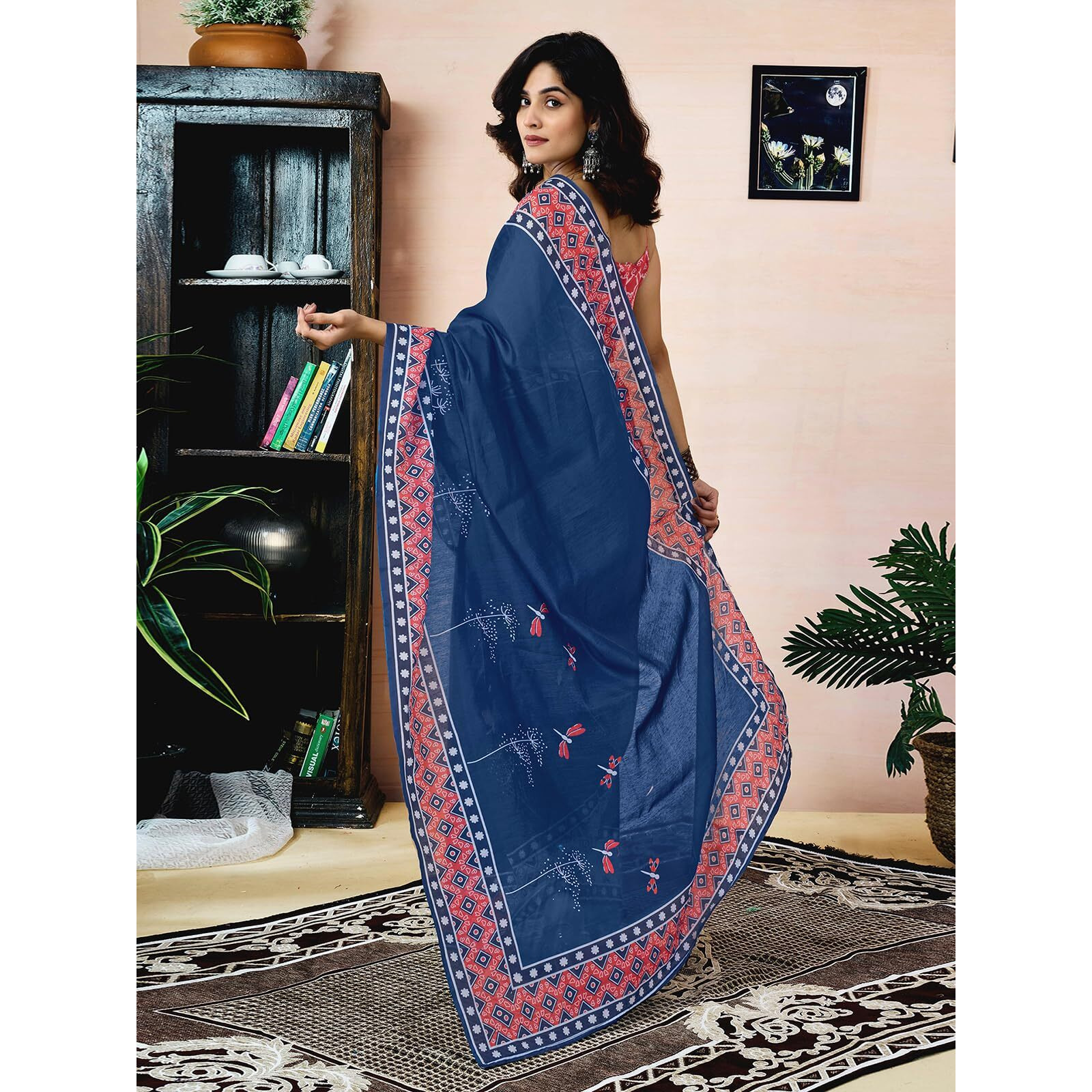Satrani Women's Chanderi Cotton Printed Ready To Wear Saree With Unstitched Blouse Piece (42Rs383_Navy Blue)
