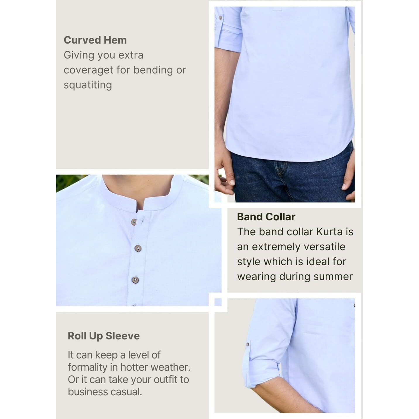 See Designs Men's Roll-Up Sleeve Mandarin Collar Blue Solid Cotton Short Kurta - Sdkt2954Xl