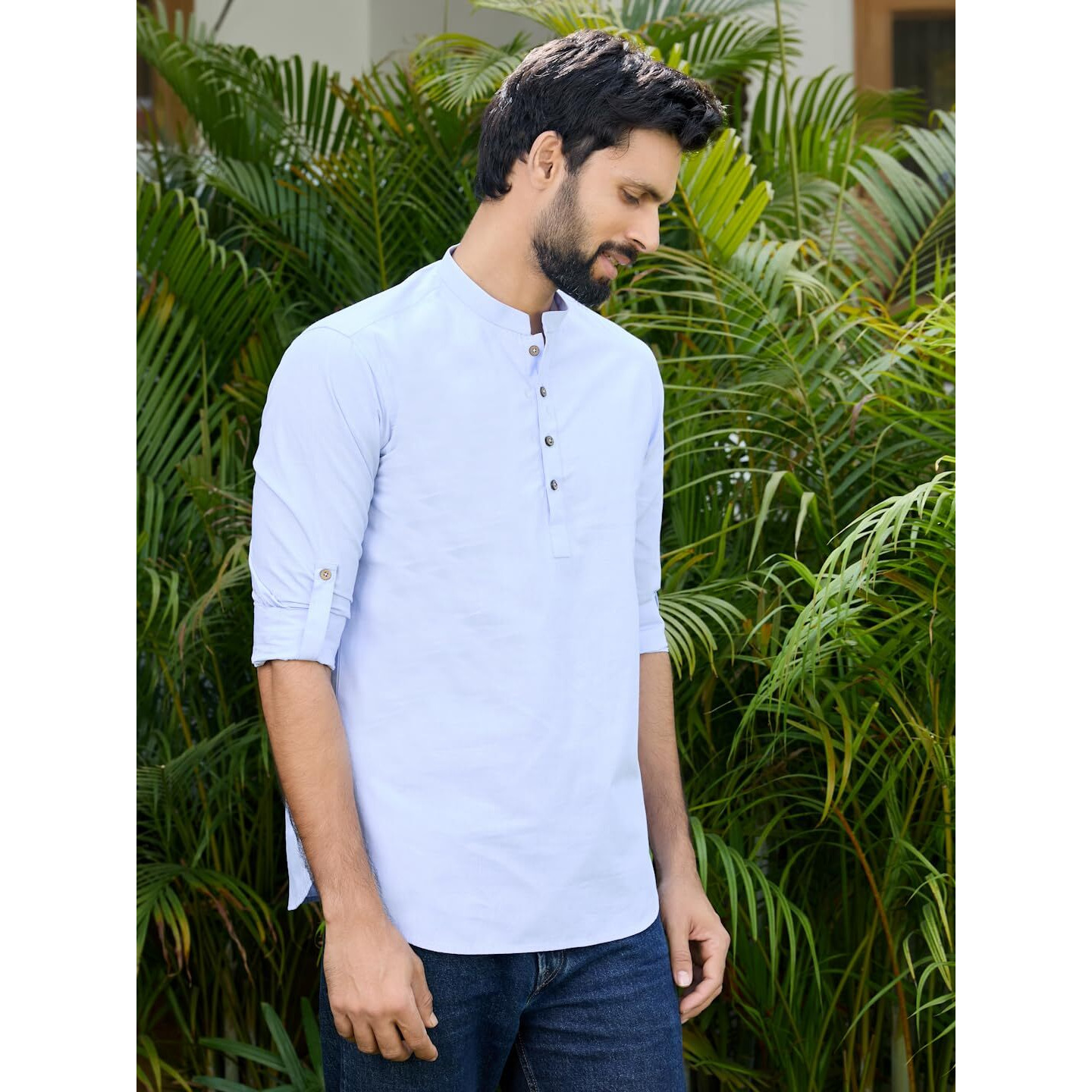 See Designs Men's Roll-Up Sleeve Mandarin Collar Blue Solid Cotton Short Kurta - Sdkt2954Xl