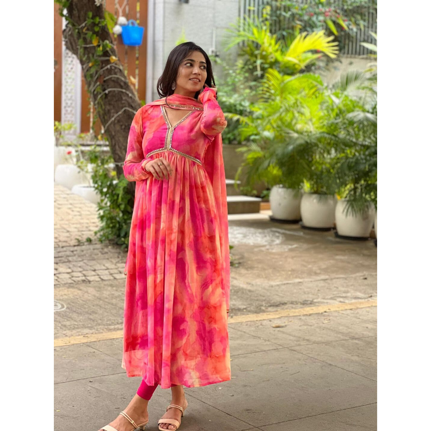 Rytras Women's Alia Cut Anarkali Kurta With Dupatta(Orange,S)