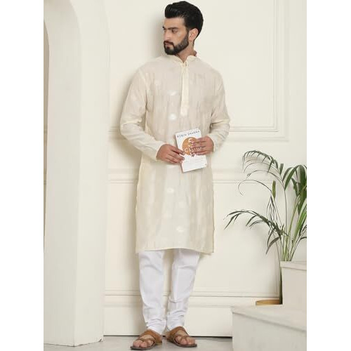 Sojanya (Since 1958 Men's Cotton Silk Sequinned Embroidered Cream Kurta With White Pyjama