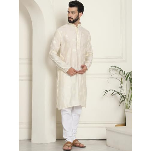 Sojanya (Since 1958 Men's Cotton Silk Sequinned Embroidered Cream Kurta With White Pyjama