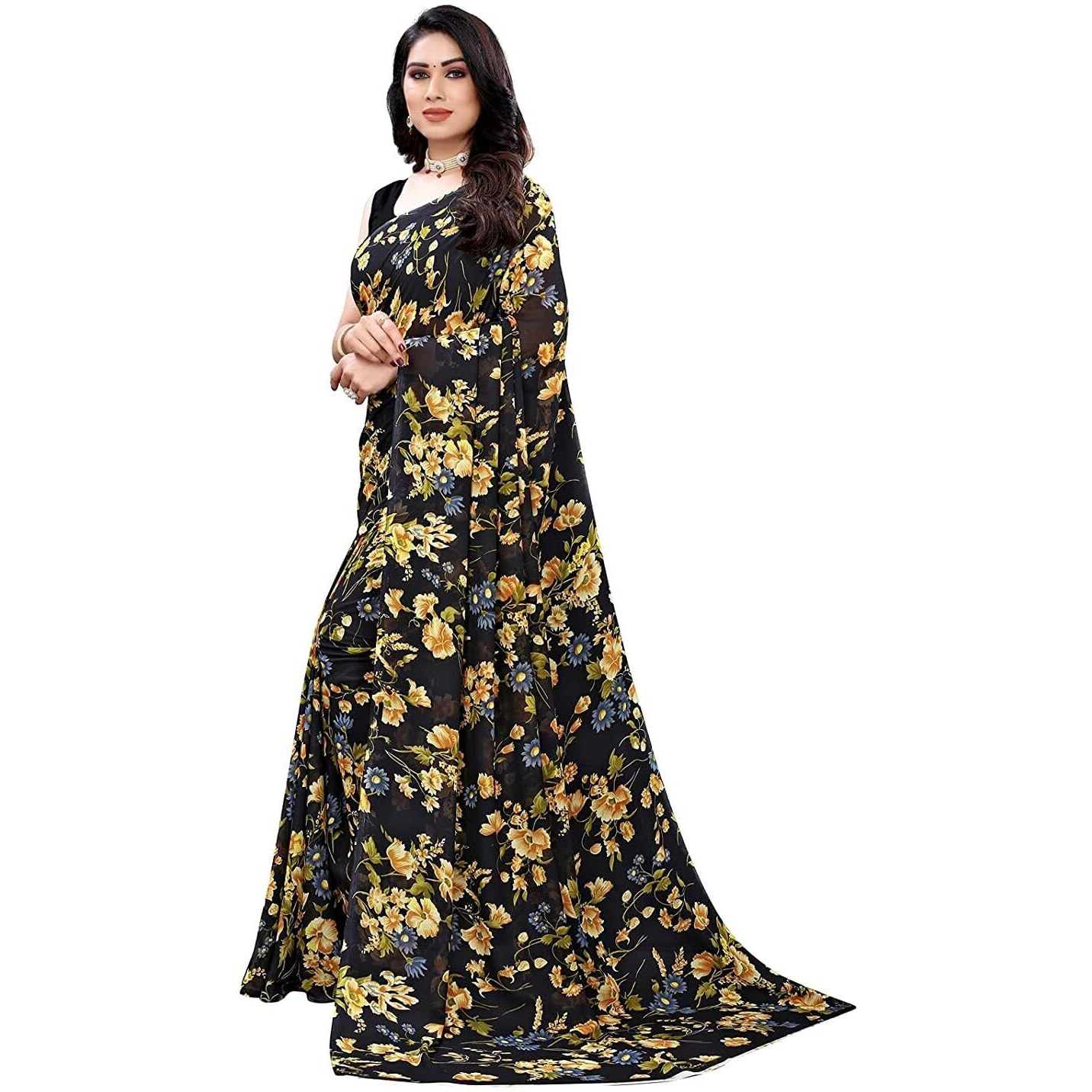 Shiv Textiles Women's Georgette Floral Printed Saree(123S103_Black)
