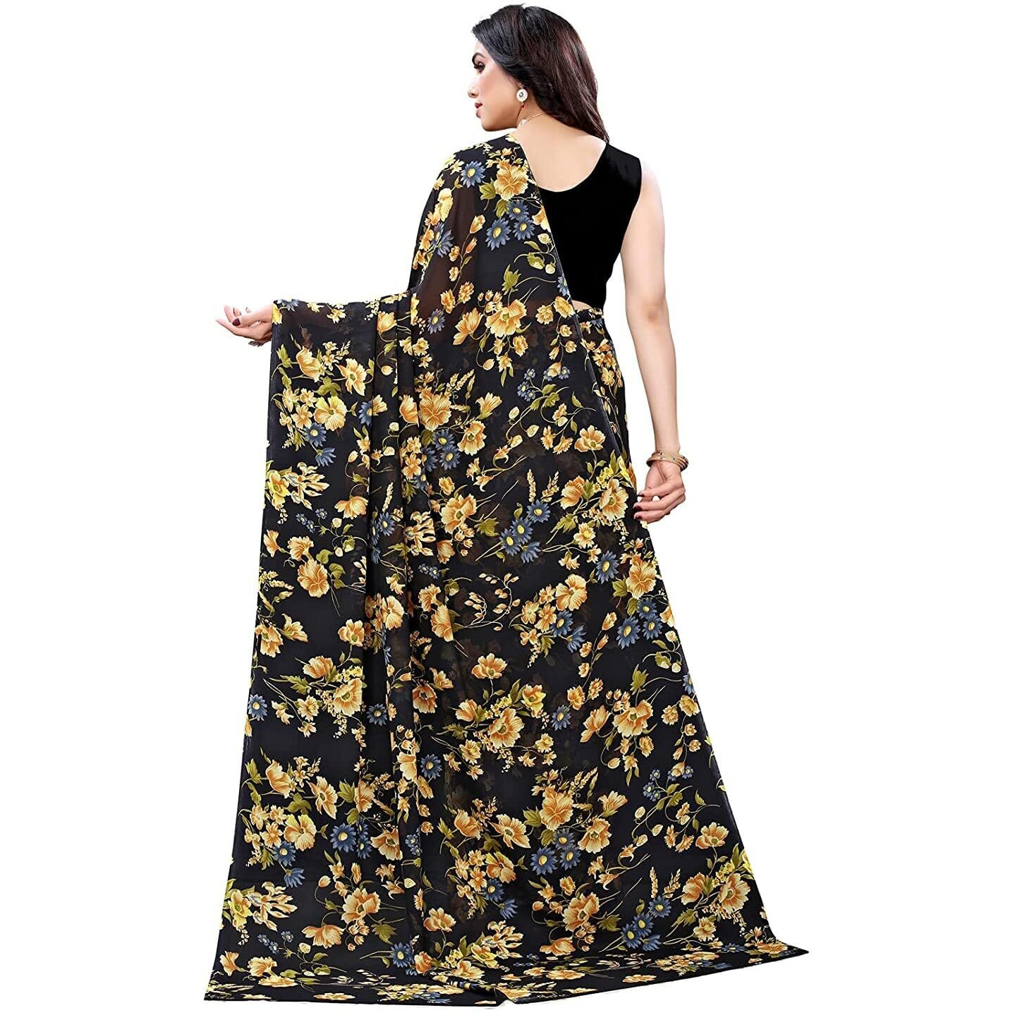 Shiv Textiles Women's Georgette Floral Printed Saree(123S103_Black)