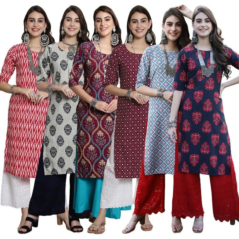 Tee Projekt Crepe Verstaile Straight Printed Kurti For Women's Ll Casual Wear Kurti (Pack Of 6)