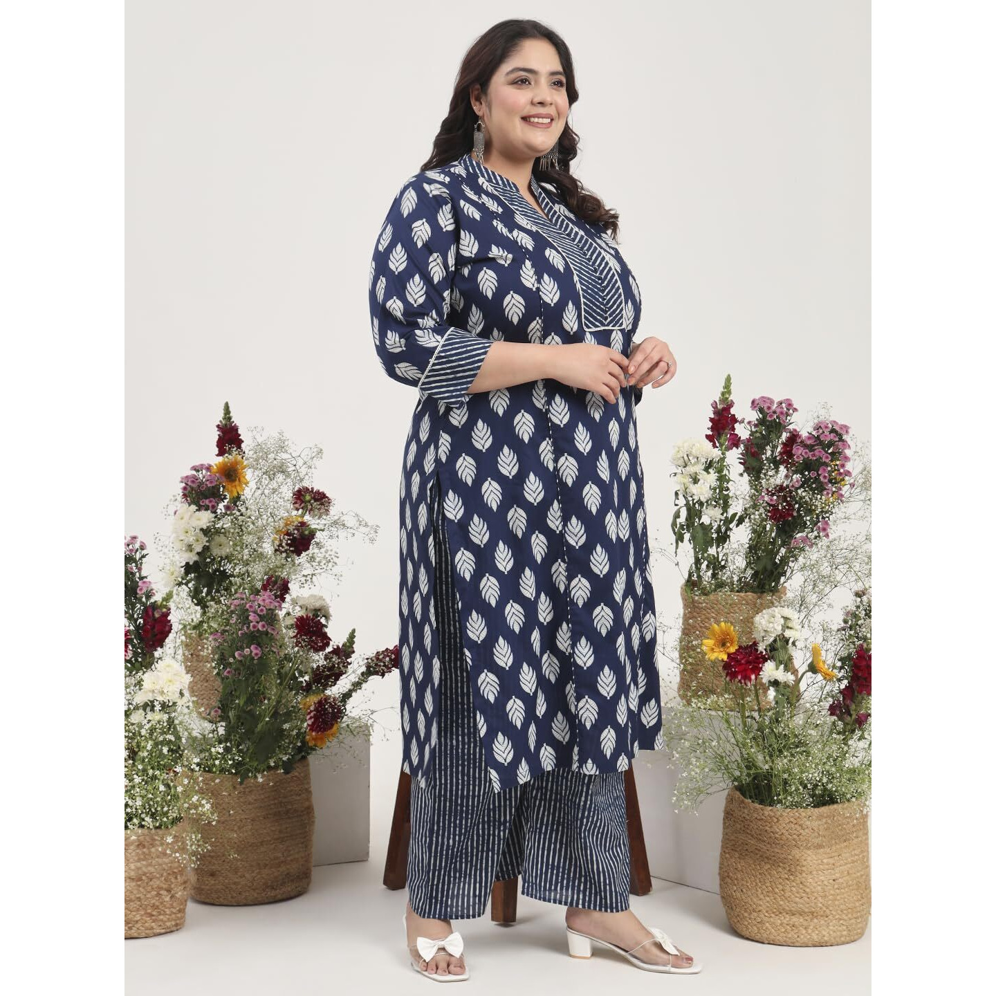 Tissu Women's Plus Size Indigo Printed Pure Cotton Kurta With Palazzo (743_Dark Blue_4Xl)