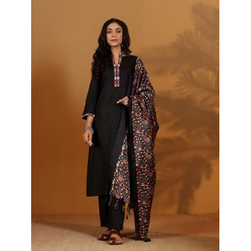 Varanga Women Mandarin Collar Embroidered Straight Kurta With Trouser & Floral Printed Dupatta