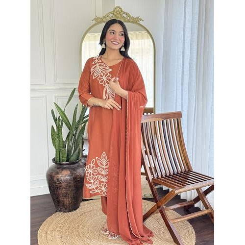 Alvami Women's Silk Embroidery Straight Kurta And Pant Set With Dupatta (Chetna_Orange_Al_L)