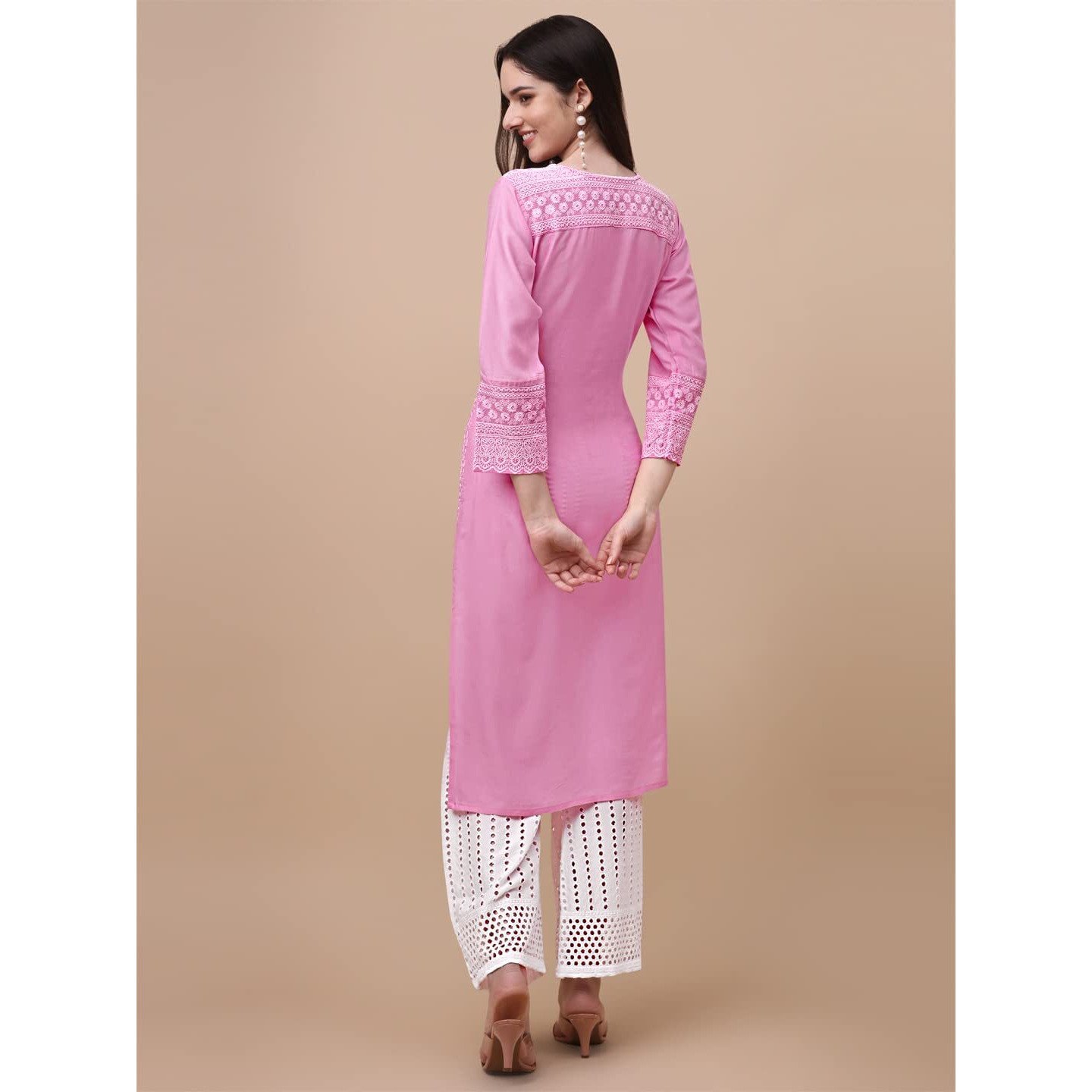 Gufrina Women's Viscose Rayon Lucknowi Embroidery Work 3/4 Sleeve V- Nack Straight Kurta With Chikankari Embroidery Palazzo Set For Women