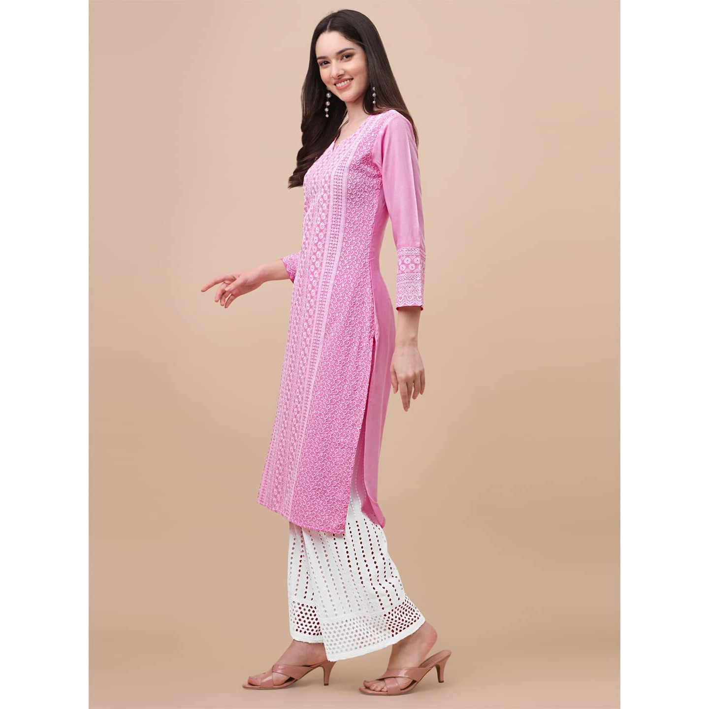 Gufrina Women's Viscose Rayon Lucknowi Embroidery Work 3/4 Sleeve V- Nack Straight Kurta With Chikankari Embroidery Palazzo Set For Women