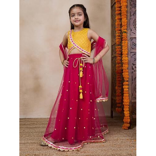 Pspeaches Girl's Net With Dupatta (L-Magentatikli-4- Magenta_4-5Y)