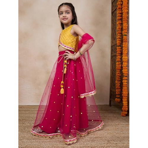 Pspeaches Girl's Net With Dupatta (L-Magentatikli-4- Magenta_4-5Y)