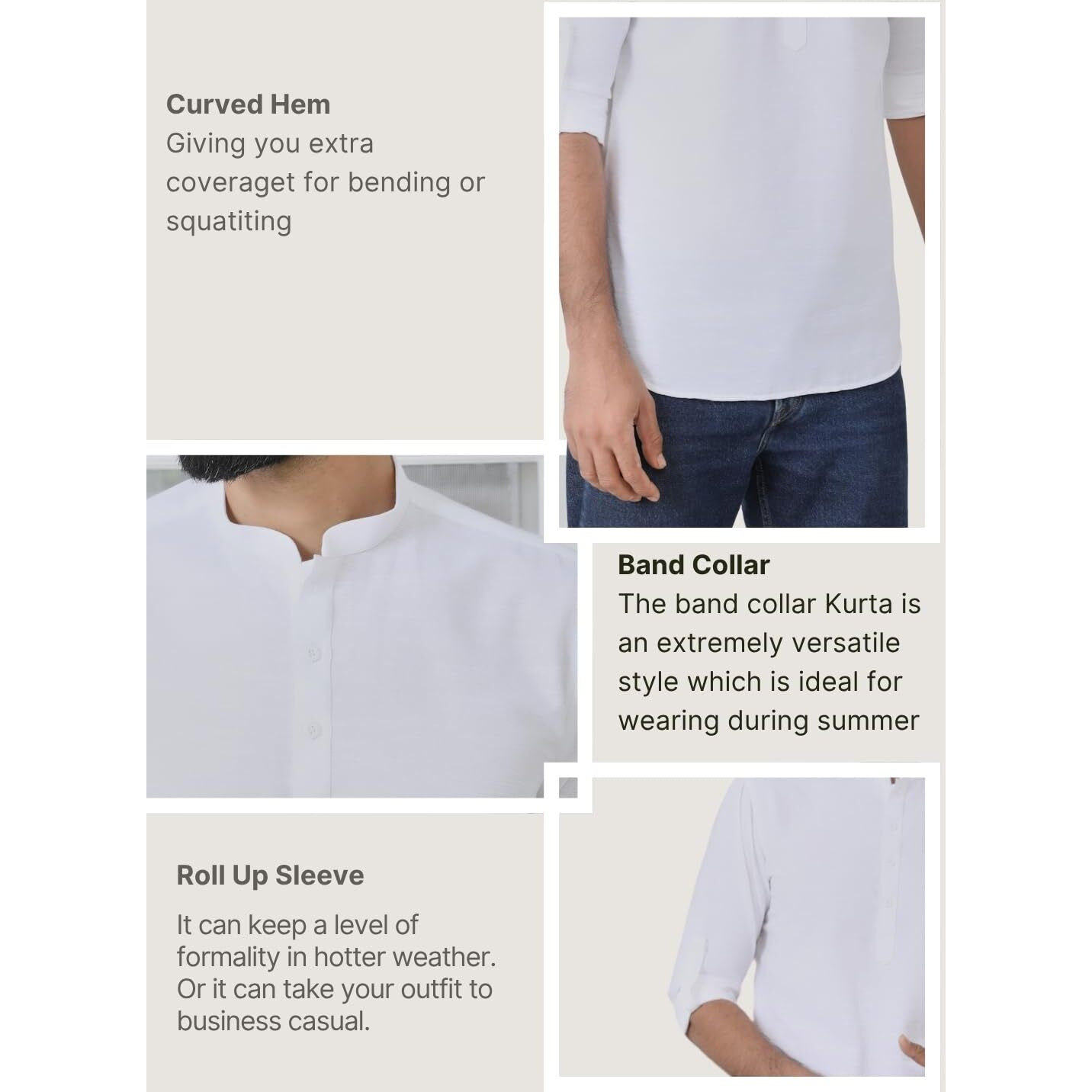 See Designs Men's Roll-Up Sleeve Mandarin Collar Off-White Deluxe Cotton Short Kurta - Sdkt2955S