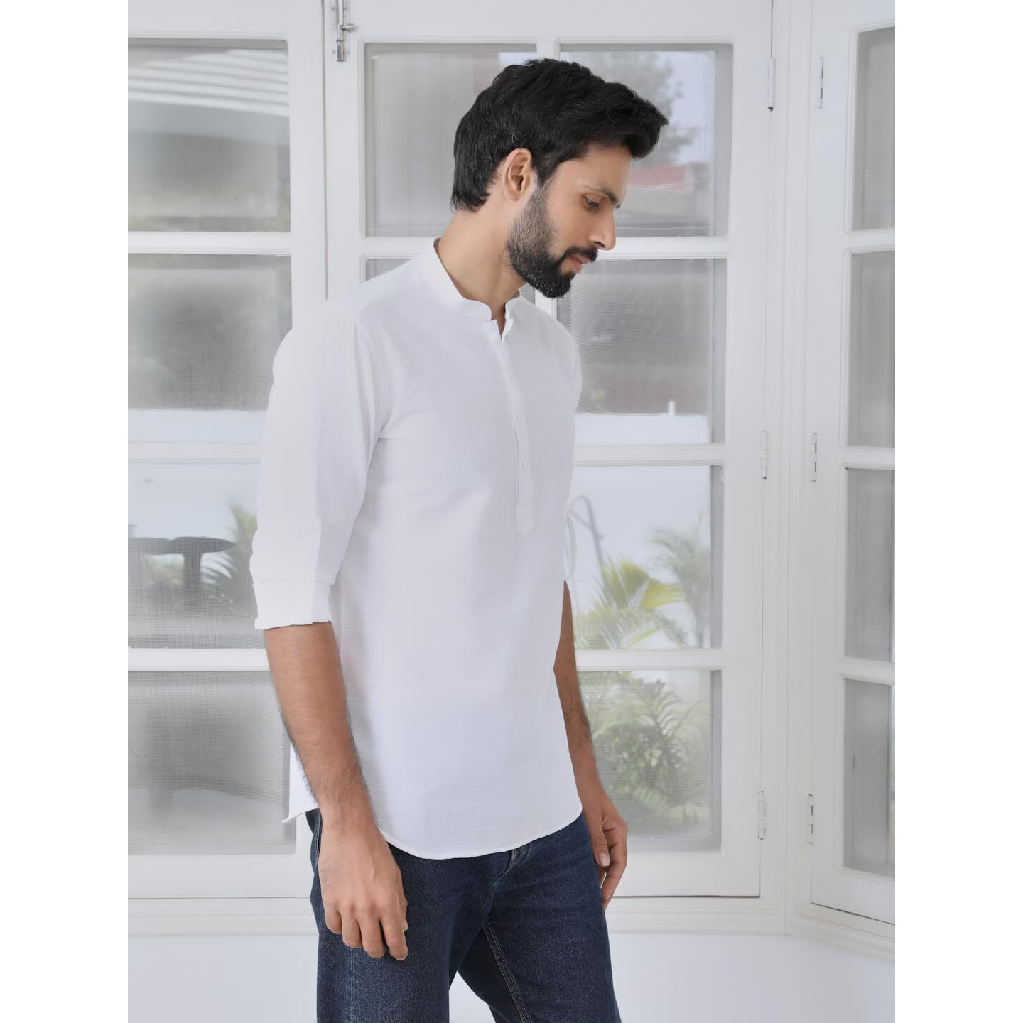 See Designs Men's Roll-Up Sleeve Mandarin Collar Off-White Deluxe Cotton Short Kurta - Sdkt2955S