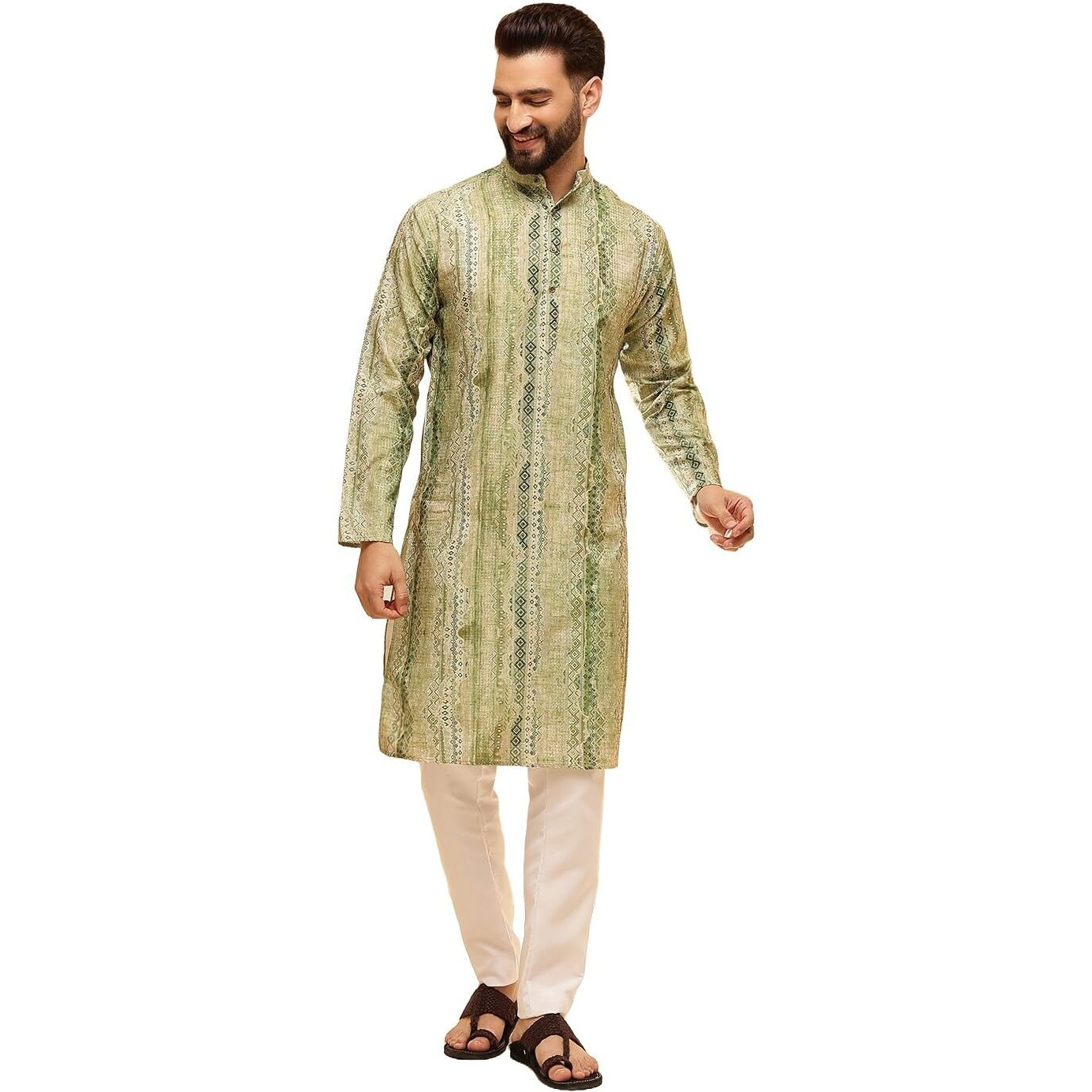 Sojanya (Since 1958 Men's Cotton Silk Green Print Kurta With White Pyjama
